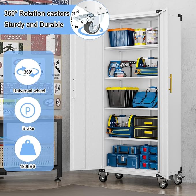 pozdeg 71" Tall Metal Rolling Garage Storage Cabinet with Lock & Wheels ﻿