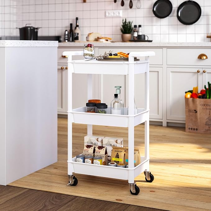 Steehoom 3-Tier Utility Rolling Cart with Cover Top Board, Mobile Utility Cart with Lockable Casters Multi-Functional Storage Trolley for Office, Bathroom, Kitchen, Garden, Laundry Room (White)