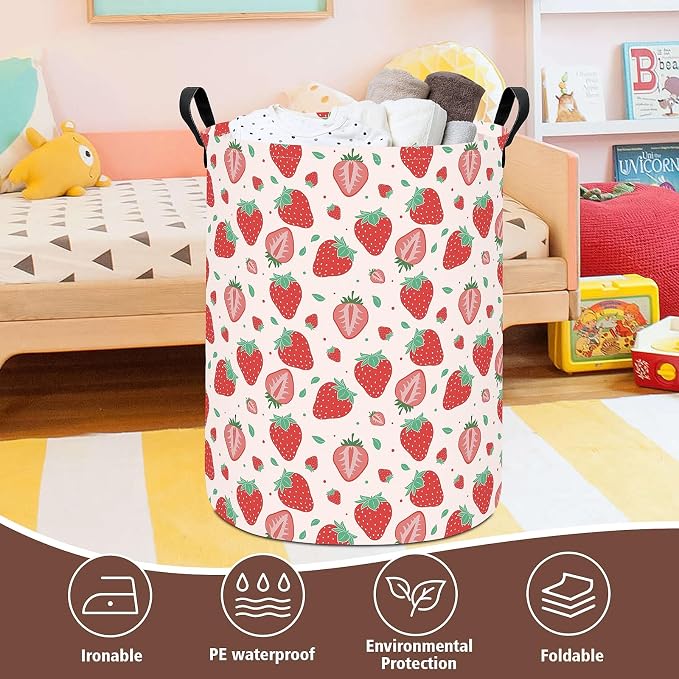 Strawberry Fabric Storage Bin Nursery Organizer Basket | Organizer Bin Dirty Clothes Collapsible Waterproof for College Dorms, Boys and Girls Bedroom,Bathroom