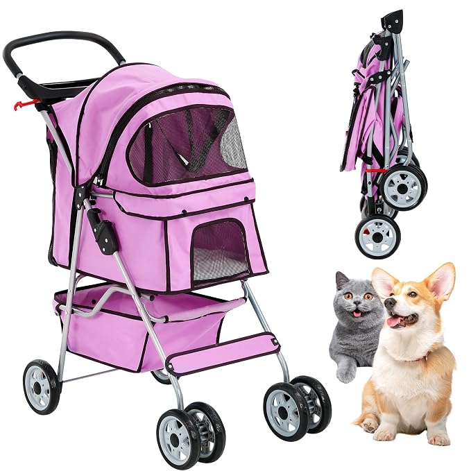 Pet Stroller,4 Wheels Dog Stroller with Storage Basket,Compact Portable Folding Carrier for Travel,Camping,Dog Carrier for Small Medium Dogs Or Cats,Lightweight Waterproof Pet Stroller,Pink