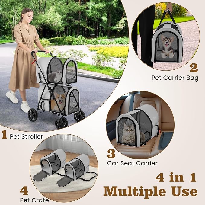 PETSITE Double Dog Stroller, Foldable Pet Stroller for 2 Dogs & Cats Small Medium Sized with Detachable Carrier on Wheels, Ideal for Car Seat Walking Camping Travel (Grey)