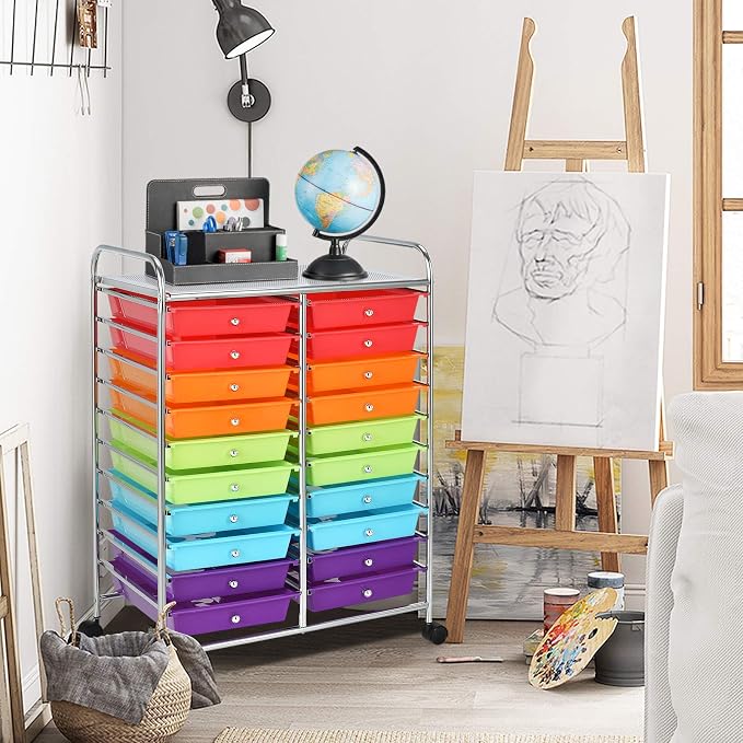 20 Drawer Rolling Storage Cart, Art Cart Organizer with Wheels for Makeup, Tool, Paper, Multipurpose Craft Storage Cart with Drawers for Office, Home, Classroom, Teacher, School (Multi-Color)