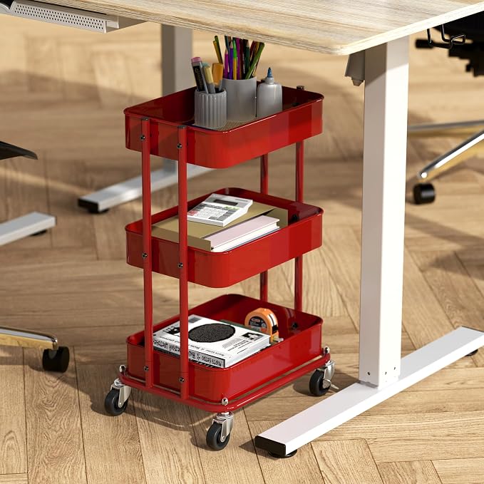 Simple Houseware 3-Tier Utility Cart, Low 24" Height Fits Under Desk, Red | Compact & Lower Height Great for Under-Desk Space-Saving Storage for Home Office, Dining Room, or Kitchen