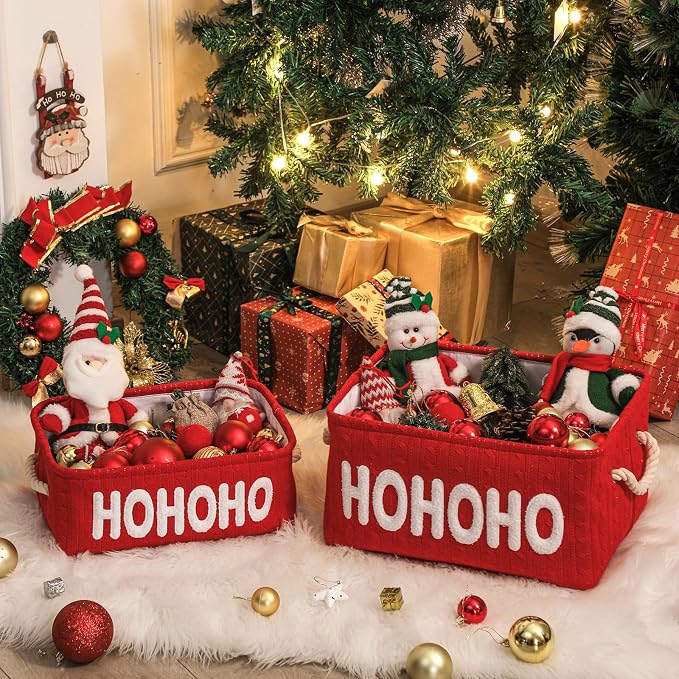 Christmas Gift Basket, Large Red Empty Storage Basket with Handle, Holiday Organizer for Toys, Gifts, Baby Items and Home Christmas Decorations