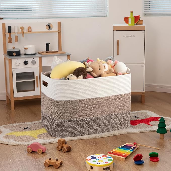 OIAHOMY 108L Extra Large Blanket Basket Dog Toy Basket radient Dark Brown | Rectangle Woven Baskets for Storage Cotton Rope Basket For Living Room Toy Storage Blanket Storage Laundry Basket