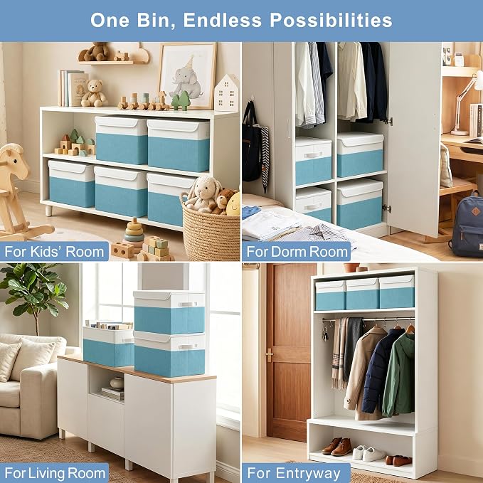 Large 22 Quart Linen Fabric Foldable Storage Bin Cube Organizer Basket with Flip-Top Lid & Handles, Clothes Blanket Box for Home, Office, Closet, Teal & White, 4 Pack 14.6 x 9.5 x 9.5