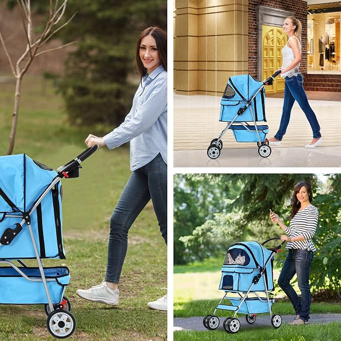 4 Wheels Pet Stroller for Dog and Cat Stroller, Lightweight and Foldable Carrier Strolling Cart W/Cup Holders Removable Liner for Small and Medium Dog Cat - Blue