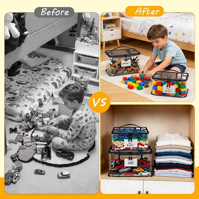6 Pack Large Toy Storage Bags, Clear Toy Organizer with Labels Ages 3+ | Waterproof PVC Toy Organization and Storage, Suitable for Storing Building Blocks, Puzzles, Dolls and Board Games