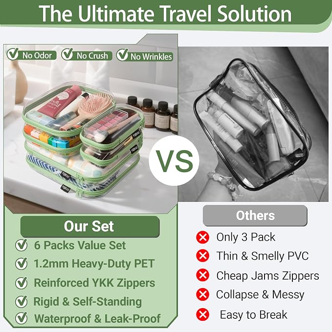 YQBRAO Clear Hard Shell Zipper Cases, 6 Multi-Size Organizers, Green | Rigid clear shells in three practical sizes organize toiletries, cosmetics, cables, stationery and household essentials