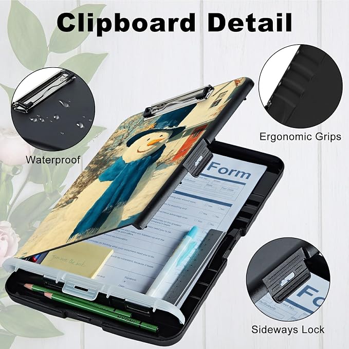 A4 Clipboard with Storage Pen Holder, Clipboards Organizer Nursing Clipboard Foldable File Folder Plastic Clipboard Folio Clip Board for Office Work Classroom Doctor, Blue Towel Snowman