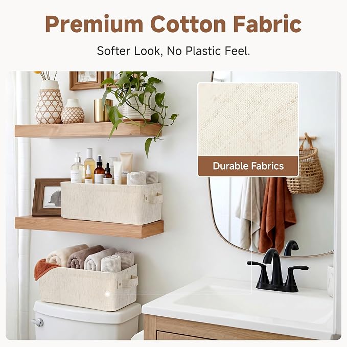 StorageWorks Narrow Storage Bins, Toilet Paper Storage, Beige, 2-Pack | Cotton Linen Fabric, With Metal Frame, Sturdy Structure, Reinforced Handles, Small Baskets for Bathroom, Closet, Shelf