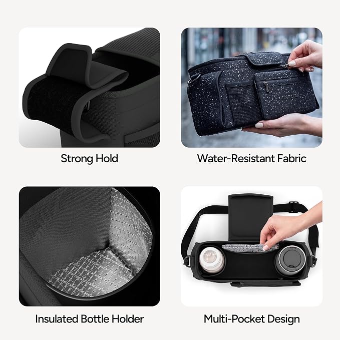 Mompush Universal Stroller Organizer Caddy with Insulated Cup Holder | Large storage capacity, multiple pockets, detachable zippered pouch, secure Velcro straps, universal stroller fit
