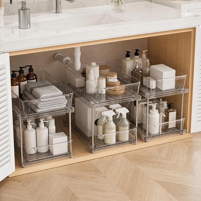 4 Pack Under Sink Organizers and Storage, 2 Tier Clear Pull Out Drawer Organizer for Bathroom Vanity and Kitchen Cabinet, Stackable Slide Out Bins, No Tool Set Up, 11.8"x6.9"x11.8"