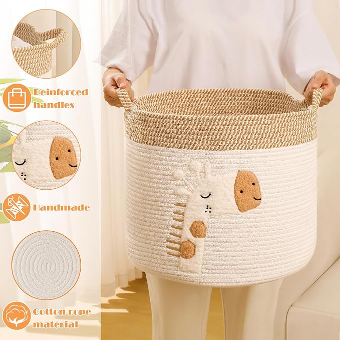Large Blanket Baskets for Living Room Decor, Toy Storage Baskets 14" x 14" Woven Cotton Rope Basket for Kids, Dog Toys Organizer Clothes Hamper with Embroidery Decor for Nursery Laundry, Giraffe