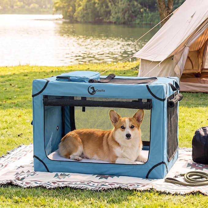 Portable Collapsible Soft Dog Crate for Medium Dogs, 30in Blue | Oxford Cloth Travel Camping dog kennel with 4 Mesh Windows & 2 Storage Pockets,for Indoor & Outdoor Use
