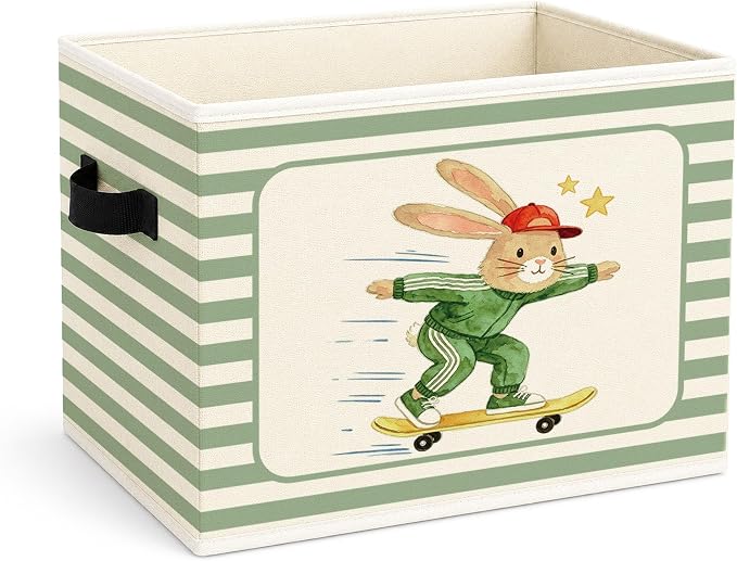 Skateboard Bunny Storage Bin, Foldable Fabric Basket for Kids Room | Foldable fabric storage bin with sport bunny design for toys, books, clothes, nursery, bedroom, and playroom use.
