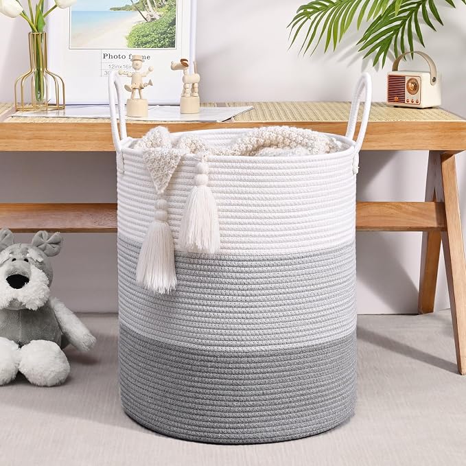Laundry Hamper for Organizing, 52L Large Laundry Baskets, Cotton Rope Woven Blanket Basket, Collapsible Laundry Hamper for Living Room, Nursery, 15"×18", Gray