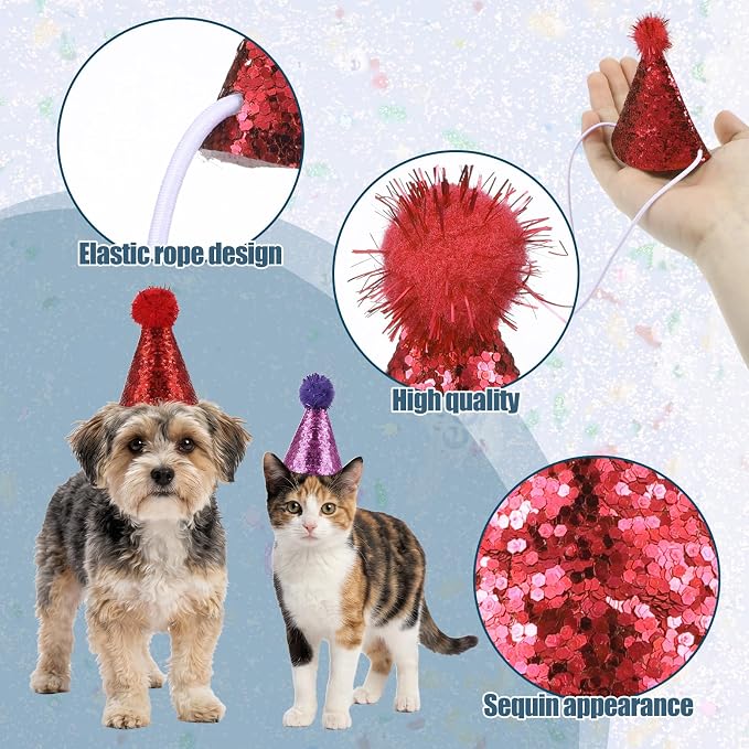 10 Pack Mini Dog Birthday Hats, Mini Party Hats for Small Dog & Cat, Small Party Hats for Stuffed Animals, Adjustable Tiny Pet Hats with Sequins for Birthday, Holiday & Costume Events