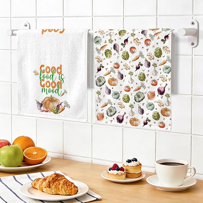 Vegetable Kitchen Towels Set of 2, Food Dish Towels for Kitchen Drying, 17x26 Inch Absorbent Dishcloths for Cleaning, Cute Garden Vegetables Dish Towels, Farmhouse Home Housewarming Gifts