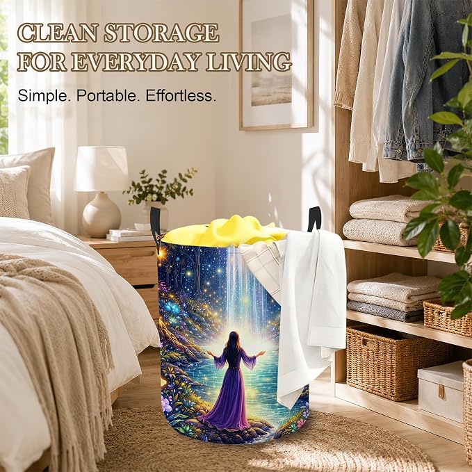 Fantasy Waterfall Laundry Basket, Foldable Oxford Cloth Magic Forest Laundry Hamper with Handles, Tote Bag Clothes Storage Bucket for Laundry Room/Bathroom/Bedroom/Dormitories 20.8"x16"
