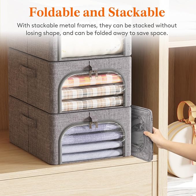 Lifewit Clothes Storage Bins with Metal Frame 3 Pack, Fabric Stackable Storage Bags with Lids, Zipper, Foldable Clost Organizers Containers for Clothing, Blanket, Winter Cloth, 25L