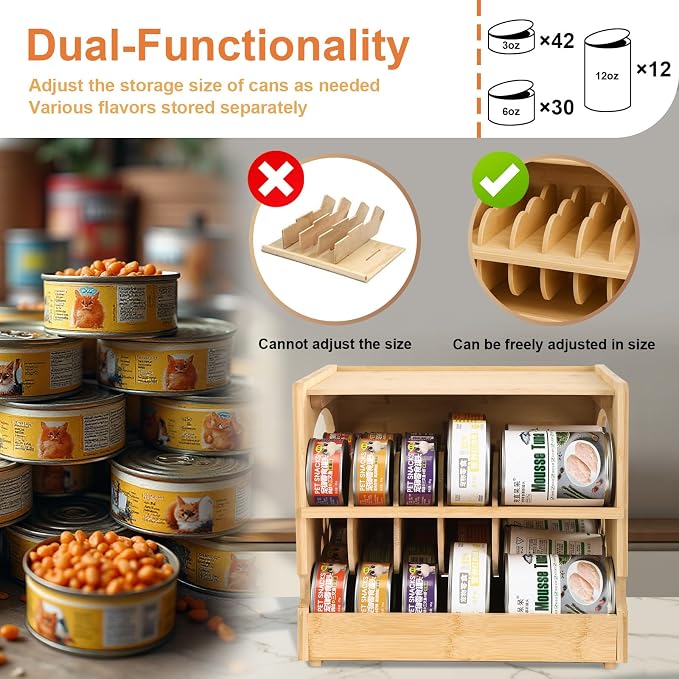 Bamboo Cat Food Can Organizer. Upgraded 2-tier stackable design Holds 42 (3oz) cans. Perfect for pantry/kitchen Durable & space-saving pet food storage rack (Small)