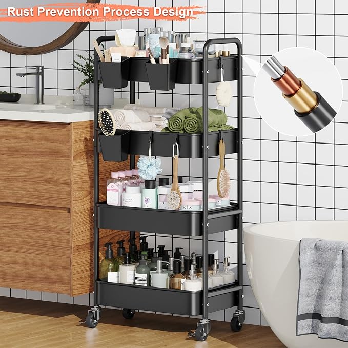 4 Tier Rolling Cart Metal with Wheels, Black Four Tiered Rolling Storage Cart on Wheels, Utility Roller Carts Organizer for Art, Craft, Baby Diaper Caddy, Snack, Book, Large-Capacity Shelving Units
