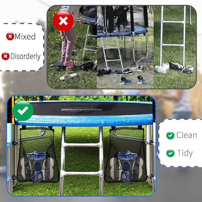 2 Pieces Trampoline Shoes Bag, Black Trampoline Storage Mesh Bag with 2 Hook and Loop Strap, Trampoline Shoe Holder, Indoor Fitness Shoes Organizer, Trampoline Equipment Bag Trampoline Accessories
