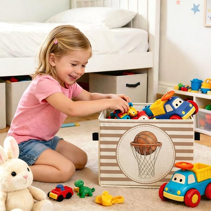 Basketball Storage Bin, Foldable Fabric Organizer Basket | Basketball storage bin with striped background, hoop artwork, foldable fabric design and side handles.