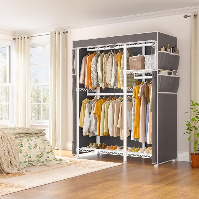 Raybee Clothes Rack with Cover, Rolling Portable Closet, 4 Hanging Zone | Heavy Duty, Tool-free Assembly, Adjustable Shelves, Lockable Wheels, Freestanding, Covered, Saving Space for Bedroom,Dorm