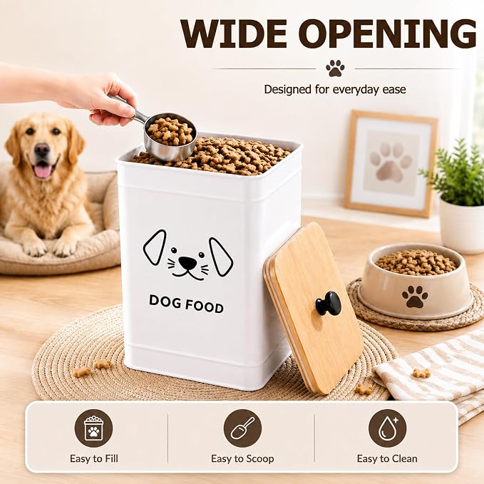 Dog Food Storage Container 25 Cups Airtight Metal Canister with Bamboo Lid | 5-7 lb Capacity, Pet-proof Lid Design, Durable Metal Body, Square Wide Opening, Pet Food Canister Dog Cookie Jar, White