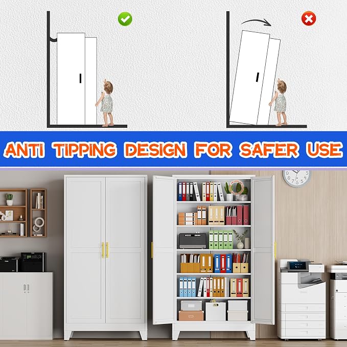 GAIOUS 79'' Tall Metal Garage Storage Cabinet, Home Office Cabinet White | Home Office Storage, File Cabinet Tool Cabinets with 2 Doors and 5 Adjustable Shelves for Warehouse Garage Outdoor Steel