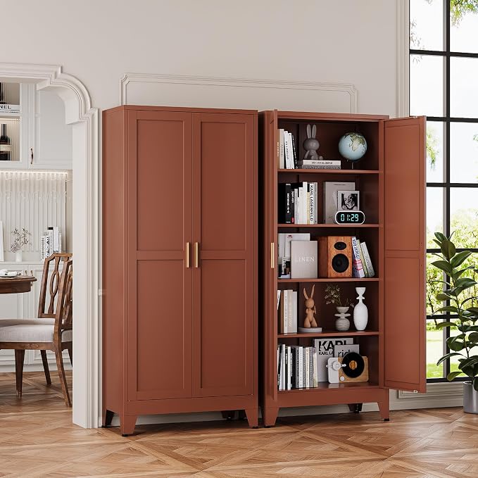 YAUWOH 71''Metal Cabinet with 4 Adjustable Shelves,5-Tier Pantry Storage Cabinet,Kitchen Pantry Cabinet for Living Room,Dining Room(1PC,Brown)