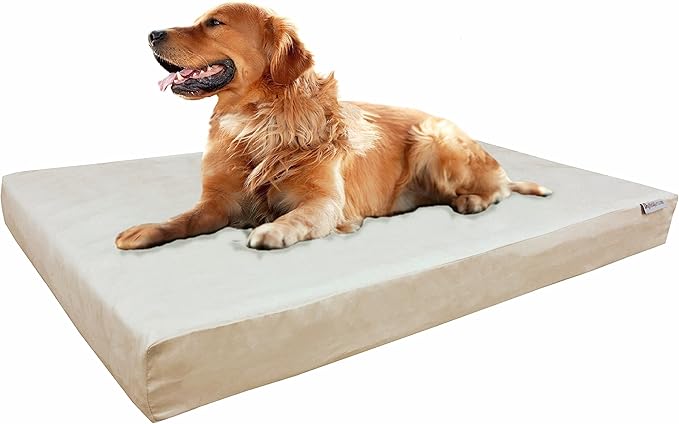 Dogbed4less XL Orthopedic Gel Infused Cooling Memory Foam Dog Bed for Medium to Large Pet and Strong Waterproof Liner, Durable Washable Mirco-Suede Khaki External Cover, 47X29X4 Inches