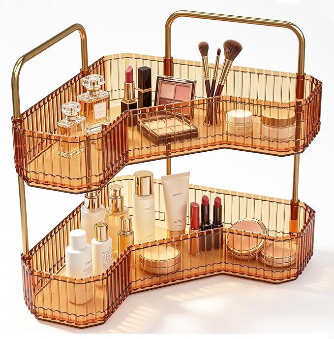 2-Tier Corner Bathroom Organizer, Skincare Vanity Counter Shelf Orange | Premium PET Perfume Display Stand with Gold Metal Rods, Space-Saving 90 Degree Storage Rack for Dresser