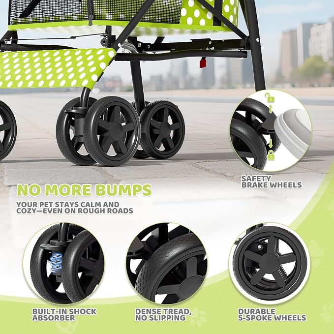 Magshion Compact Fold Pet Travel Stroller for Small Dogs Cats, Lawn Green | Up to 22lbs, 4-Wheel Lightweight Umbrella Shaped Design, Safety Tethers, Breathable Mesh, Cup Holder & Rear Storage