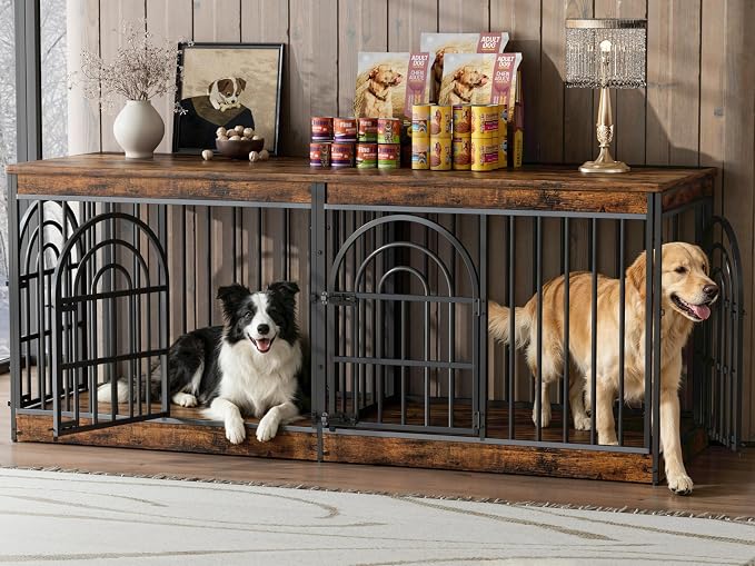 EasyCom 72" Wooden Double Dog Crate Furniture for 1-2 Dogs | Removable Divider, Retro Round Door, Fits Medium & Large Dogs, End Table TV Stand