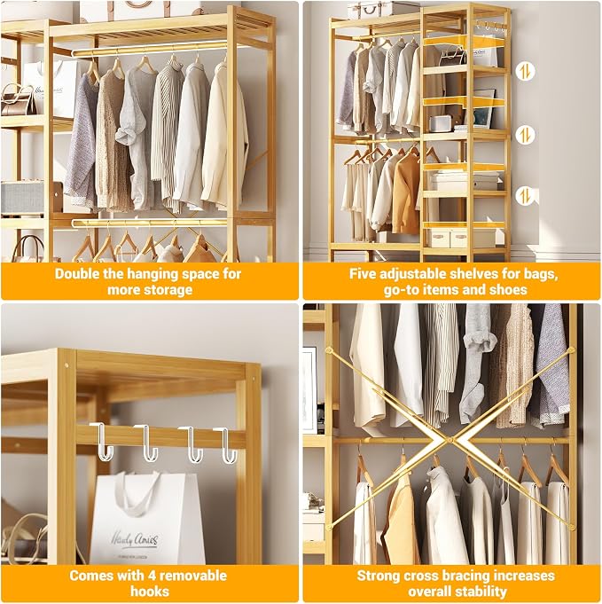 Bamboo Closet System Set of 2, 41.4” Wide Clothing Rack, 78.8” Tall | Freestanding Clothes Rack with 14 Adjustable Shelves, 4 Rods, 8 Hooks, Open Wardrobe Organizer, Wood Garment Rack for Bedroom