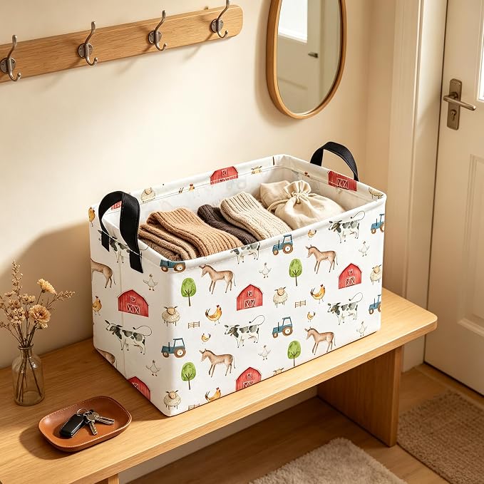 Essme Rectangular Farm Basket,Cute Storage Bins with Handles for Room Decor,Shelf Basket.(Farm)