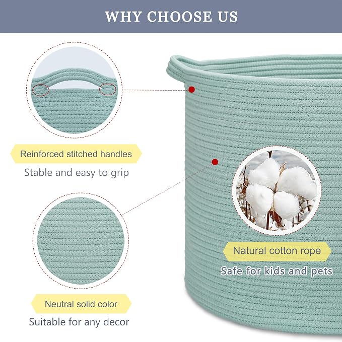 Large Cotton Rope Blanket Basket, 87L Laundry Hamper, Light Green