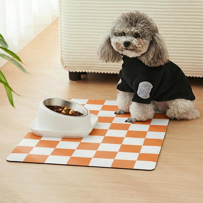 Ralxion Checkered Dog Feeding Mat, Absorbent Mats for Dog Food and Water Bowl, Dispenser, Aesthetic Orange Checkerboard Pet Placemat for Dogs, Cats, Puppy Accessories 16 x 24