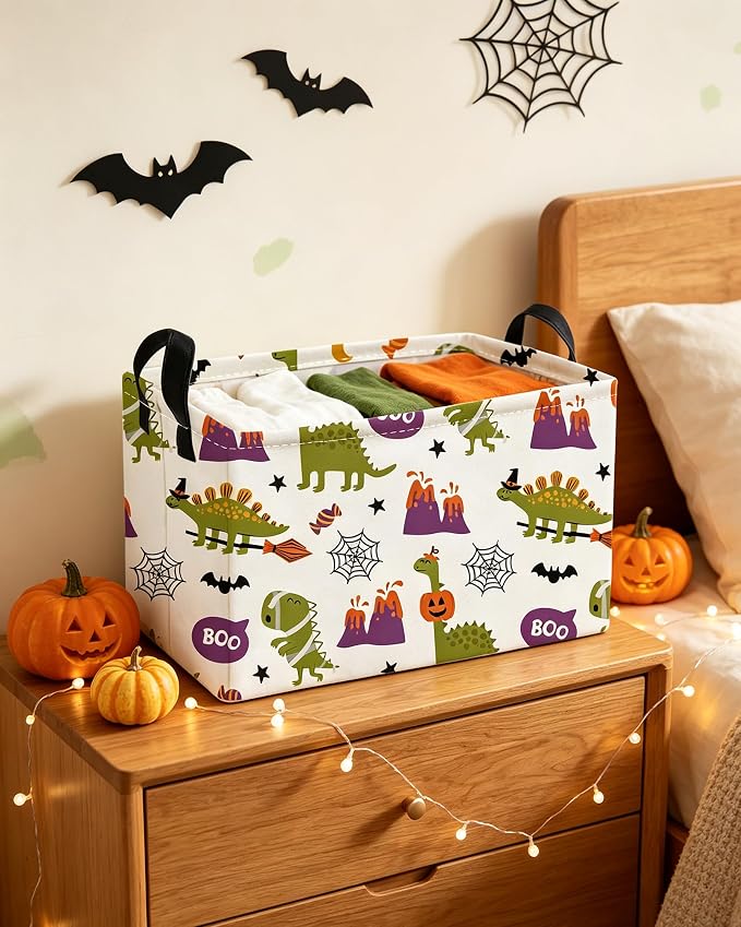 Essme Rectangular Dinosaur Helloween Basket,Kids Storage Bins Organizer with Handles for Room Decor, Gift Basket.(Dinosaur Halloween)