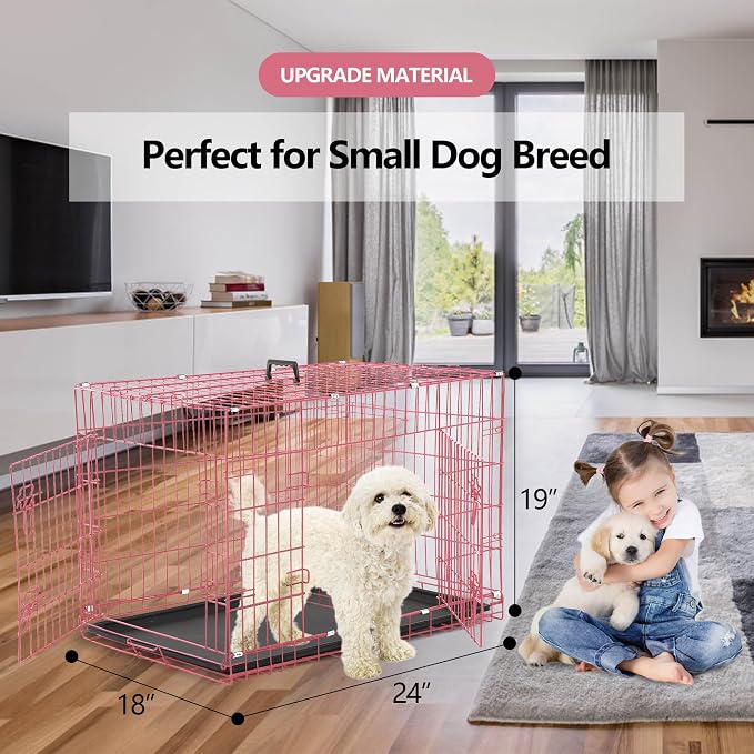 Foldable Dog Crate, 24 Inch, Pink, Portable, Easy to Clean, Safe and Secure Construction, Ideal for Travel and Indoor Use