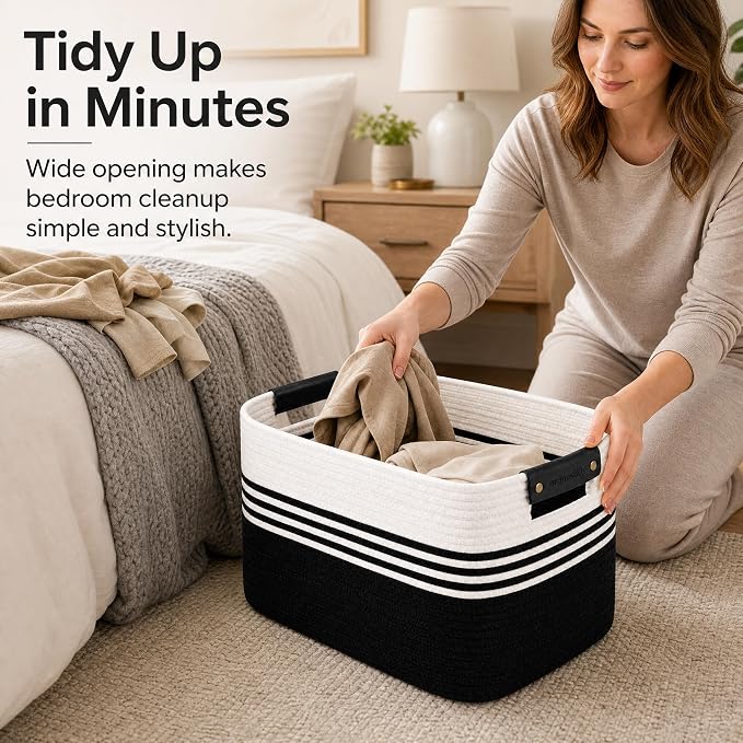 Cotton Rope Laundry Basket Large, 19.2GAL Collapsible Woven Storage Baskets for Living Room Kids Toys Stuffed Animal,Boho Rectangular Decorative Short Hamper for Dirty Clothes, Blankets White Black