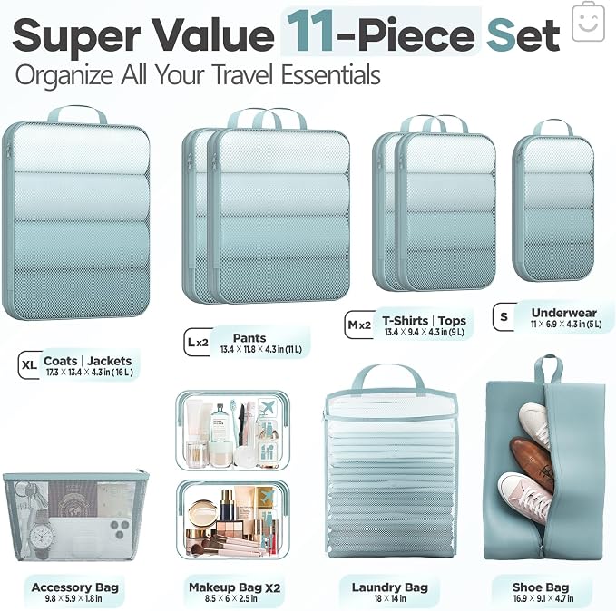 Veken 11 Set Compression Packing Cubes Garment Bags for Travel Essentials,Compressible Expandable Luggage Organizer Bags for Clothing,Space Saver Bags with Over 1000 pcs of Mesh Holes(Blue Gray)