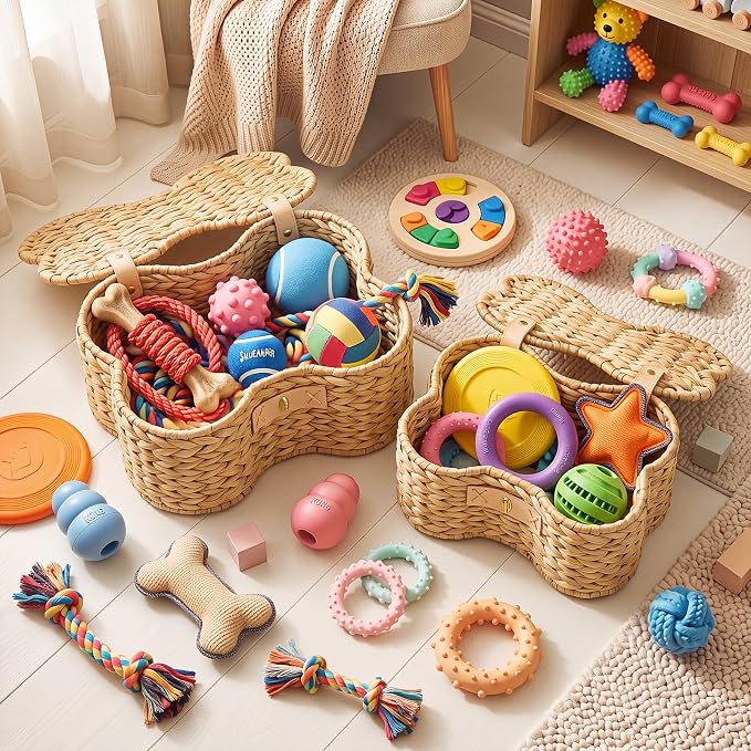 Barydat 2 Set Dog Bone Shaped Basket with Lid Gourd Grass, Light Brown | Large Small Sizes, Handmade Woven Basket for Toy Storage, Organizes Pet Items, Home Bin with Secure Lid Closure
