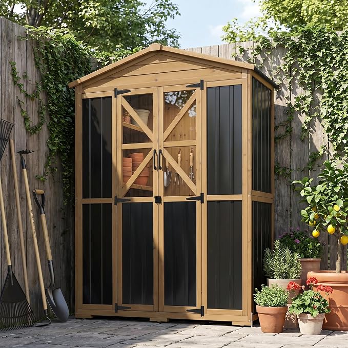 Extra Large Outdoor Storage Cabinet Weatherproof, Garden Shed with Shelves | Waterproof Asphalt Roof, 6 Adjustable Shelves & Anti-Tip Wall Brackets, Lockable Doors, 6 Hooks, for Garden, Garage, Patio