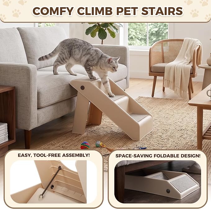 Foldable Dog Stairs 3-Step Pet Ramp Steps for Dogs and Cats, for Couch Sofa,High Bed Non-Slip Balanced Indoor Step Support, Yellowish
