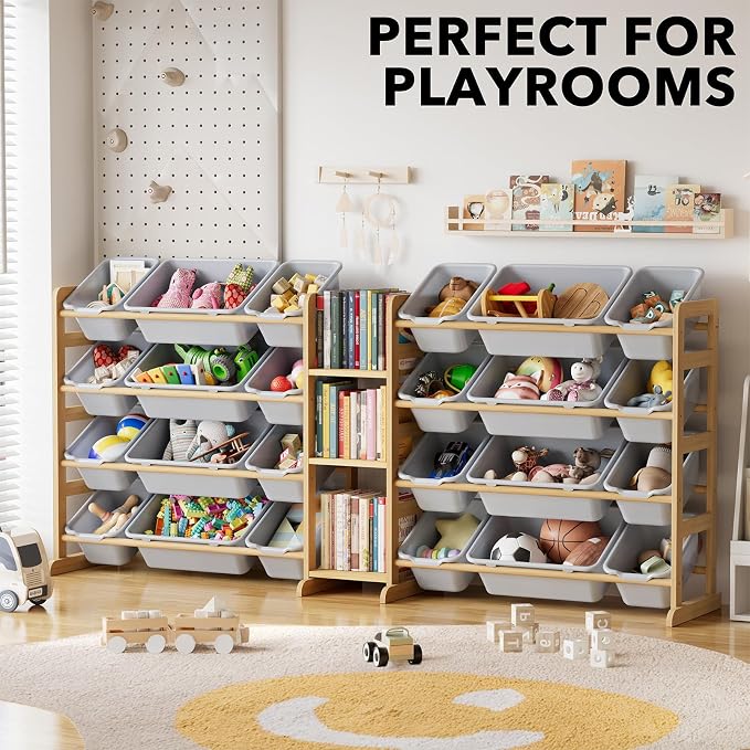 SpaceAid Large Toy Storage Organizer with 24 Bins and 3 Shelves, Toy Organizers Storage Bookshelf, Kids Bin Shelf Box Bookcase for Bedroom Playroom Organization Room Decor, Neutral Gray
