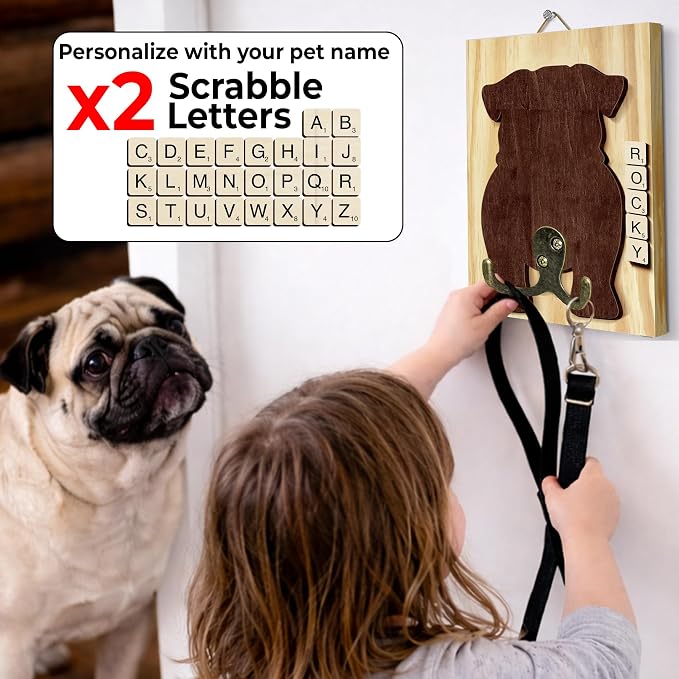 Pug Dog Leash Holder Wall Mount with Scrabble Letters, Wooden Dog Wall Hook Organizer, Pet Collar and Harness Holder for Entryway, Key Hook and Leash Rack, Pet Lovers Gift Home Decor PF297-58